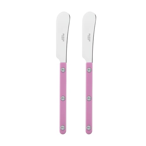 SABRE PARIS - Set of 2 Spreader Knives 14 cm - Bistrot Collection - Perfect for Butter, Tapenades, Spreads - Stainless Steel & Nylon - Dishwasher Safe - Pink - Brilliant Finish