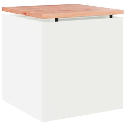 Makastle Banc de Jardin en Acier Blanc 40 x 40 x 43 cm avec Plateau en Bois de Douglas Vernis, Hauteur d'Assise 43 cm