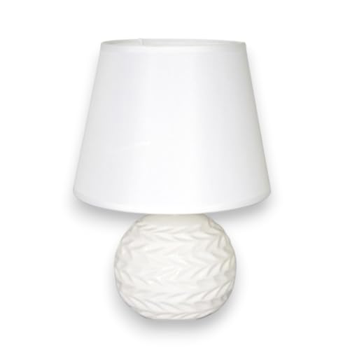 Lampada da Tavolo con Base in Ceramica e Paralume in Tessuto Bianco – Design Moderno ed Elegante – Attacco E14 Max 60W – Lume Bombato da Comodino, Salotto o Camera da Letto – Stile KORAT