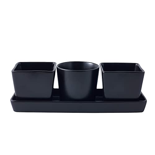 Bruntmor 4-Piece Ceramic Square And Round Serving Bowl Set With Tray In Matte Black, Ceramic Chip And Dip Bowls, Small Ceramic Dish Set For Snacks, Chip And Dip At Party, Thanksgiving And Christmas #TOP7