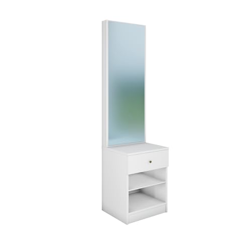 Image of VIKI | Engineered Wood Dressing Table with 1 Drawer, Mirror and Huge Storage Space | Vanity for Living Room, Bedroom (Frosty White - 43.8W x 40D x 182.6H cms)
