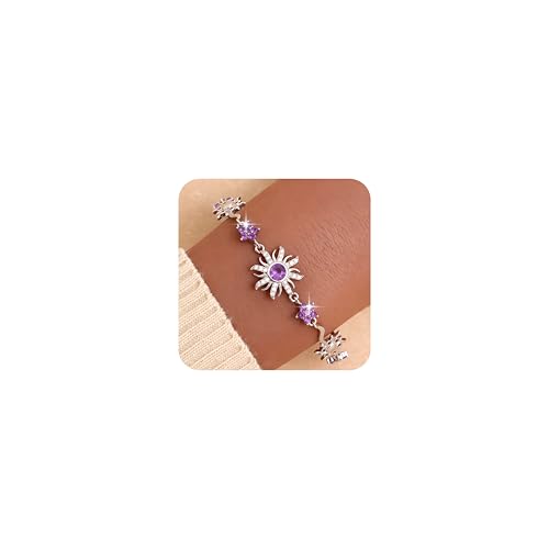 Frigotine Silver Sun Flower Link Bracelet for Women, Dainty Sparkly Purple Rhinestone Floral Star Adjustable Box Chain Bracelets Prom Wedding Accessories Fashion Jewelry Gift