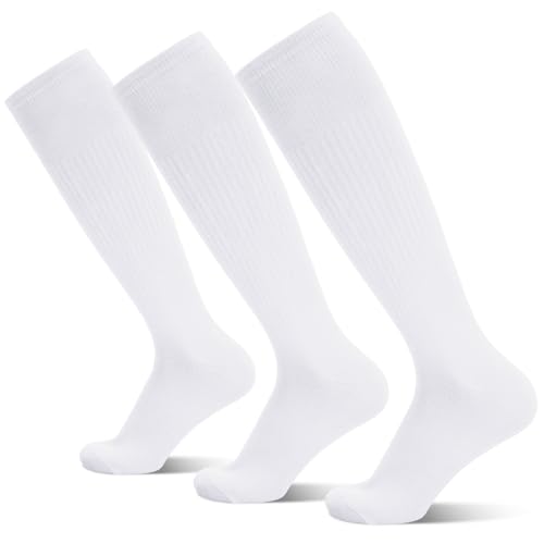 Radsocken 3 Pairs Football Socks for Men,White Football Socks Mens Football Socks Long Knee High White Sport Socks Soccer Socks for Men Women Adult Rugby Hockey Running Gym 39-44 - Image 8