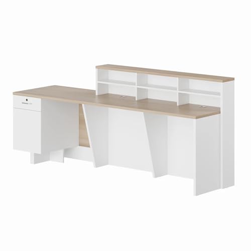 Image of Desk for Office, Salon, Hotel, Spa, Boutique, Studio & Commercial Lobby, Modern White Reception Counter Table with Wooden Frame for Front Office - (RCT-35 LPB L6W2)