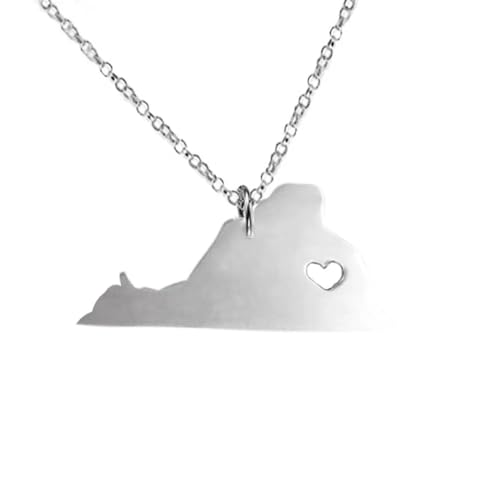 Art Attack Stainless Steel I Love Virginia Necklace, Old Dominion Mother of Presidents State Heart Cavaliers Hokies Map Pendant (Silver)