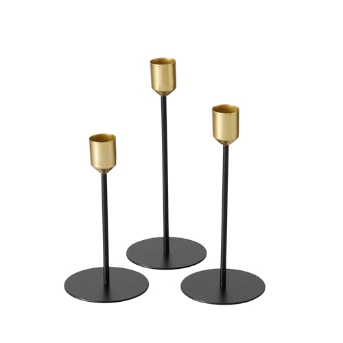 Boltze Cosima 2049897 Lot de 3 Chandeliers Design Moderne Noir/doré pour Bougies Coniques, bougeoirs, Accessoires pour Bougies