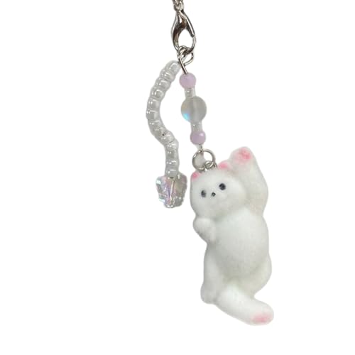 REEIRAMERCE New 2026 Kute Kitten Catching ButteRIFly Beaded Keychain 3D Flocking Cat Phone Lanyard Keyring Cartoon Little Key Chain Gift Jewelry Fashion Accessories Creative