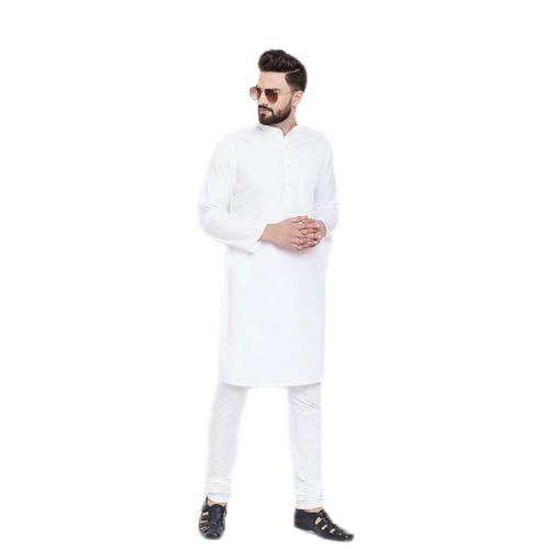 Image of Trending Stylish White Colored Full Sleeved Cotton Kurta Pajama Set For Mens | Set Of 1 |