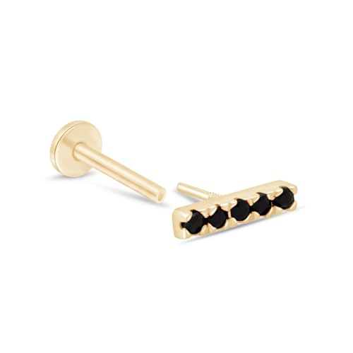 14K Solid Gold Mini Bar Stud Earring Black Onyx Dainty Flat Back Cartilage Earring Threaded Upper Earlobe Conch Tragus Helix Piercing Jewelry for Sensitive Ear Nose Ring Minimalist SINGLE STUD or PAIR4