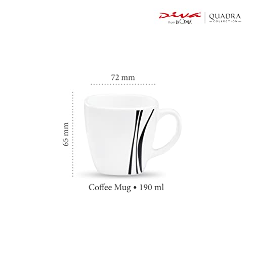 La Opala Diva, Quadra Collection, Opal Glass Coffee Mug Set 6 Pcs, Midnight Black, White, Standard - 190 Ml