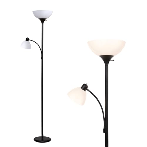 Brightech Sky Dome Plus LED Floor lamp, Torchiere Super Bright Floor Lamp with Reading Lamp for Living Rooms & Offices - Dimmable Tall Standing Lamp for Bedroom Reading - Black