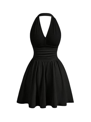 GORGLITTER Women's Flared Flowy Ruched Halter Mini Dresses Ruffle Backless Going Out Mini Swing Dress Black M