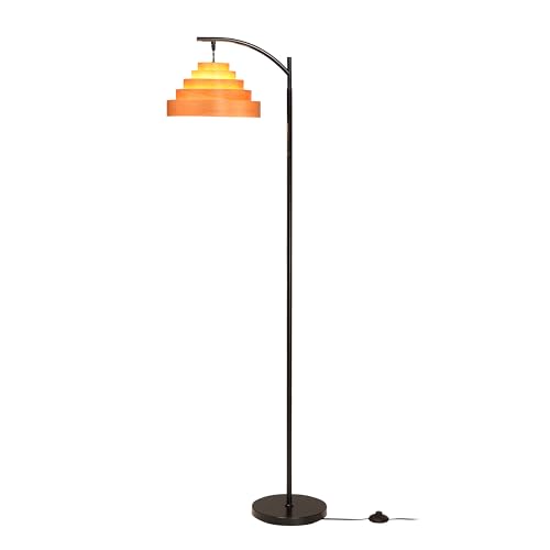 O’Bright Strata Wooden Floor Lamp - Mid Century Modern Standing Lamp with Layered Wood Shade, Tall Reading Lamp for Living Room, Bedroom, Office, Black, Light Oak, Cascade Shade