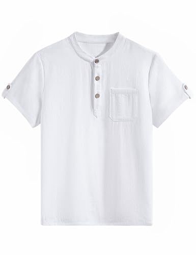 heekpek Camisa de Manga Corta Niño Verano Algodón Henley Camiseta para Niños (3-14 años), Blanco， 150cm