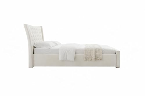 Image of Pearl Upholstered King Size Bed with Box Storage for Bedroom | Elegant Wooden Double Bed with Storage | Platform Cot Palang with Tufted Headboard | 6.5 x 6 Ft | Sheesham Wood | White