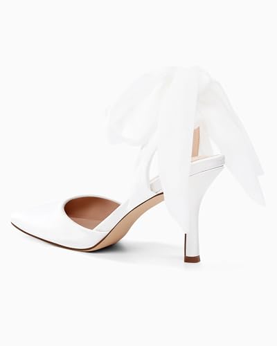 Image of Womens Lace up Satin Heels Bow Pointed Closed Toe Bridal Dress Shoes Low Heel Wedding Elegant Pumps
