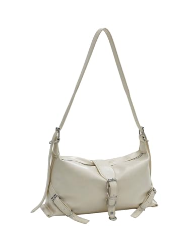 Bolsa de ombro feminina Y2K Punk de couro PU com alça ajustável e zíper, Bege, One Size