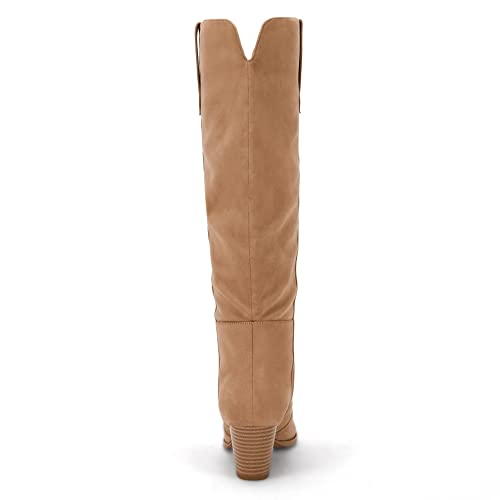 Womens Wide Calf Knee High Boots Faux Suede Chunky Block Mid Heel Pointed Toe Fall Winter Riding Boots #TOP3