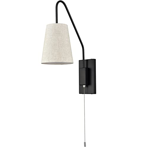 Jeenkae Modern Farmhouse Plug-In Wall Sconces Set Of Two Wall Lamps For Bedroom With Pull Chain Switch Slubbed Fabric Shade, Black #TOP7