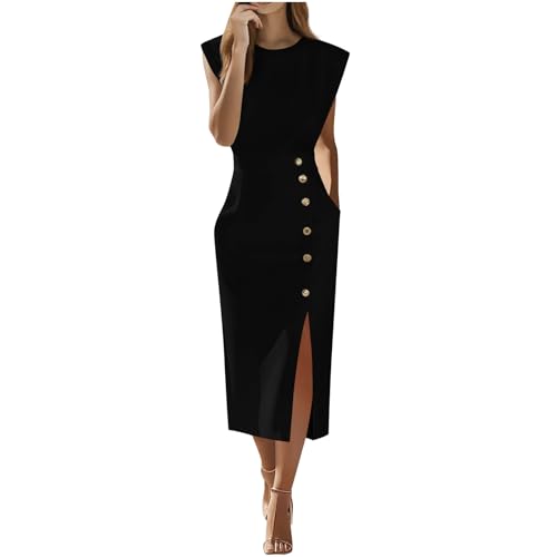 Women's Crew Neck Front Split Dresses Work Business Office Party Bodycon Pencil Sheath Dress Cap Sleeve Slit Dress