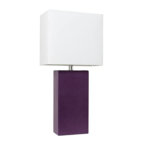 Lalia Home Lexington 21" Leather Base Modern Home Decor Bedside Table Lamp With White Rectangular Fabric Shade, Eggplant Purple #TOP19