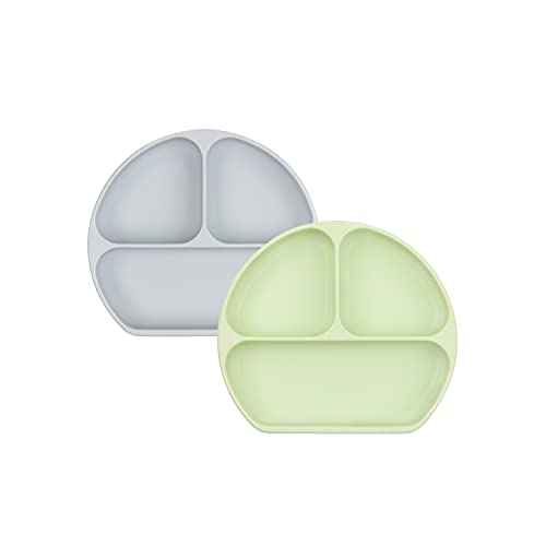 Bumkins Toddler and Baby Suction Plate, Silicone Divided Grip Dish for Babies and Kids, Baby Led Weaning, Children Feeding Supplies, Non Skid Bottom, Platinum Silicone, 6 Months Up, Gray and Sage by Bumkins - Used condition - US$12.55