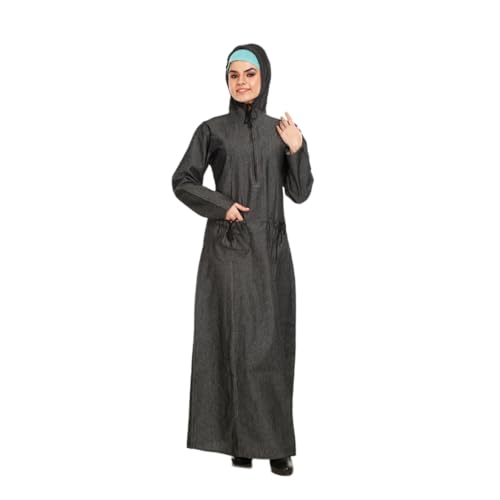 Abaya à capuche en denim avec poches et zip frontal extensible
