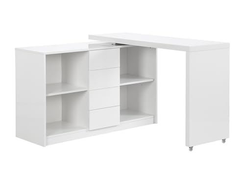Vente-unique - Bureau Extensible PAVELO avec Plateau pivotant 360° – MDF Blanc laqué Brillant,...
