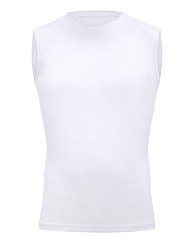 Moozava Youth Sleeveless Compression Shirt Boys Athletic Tank Tops Kids Basketball Football Gym Undershirt White