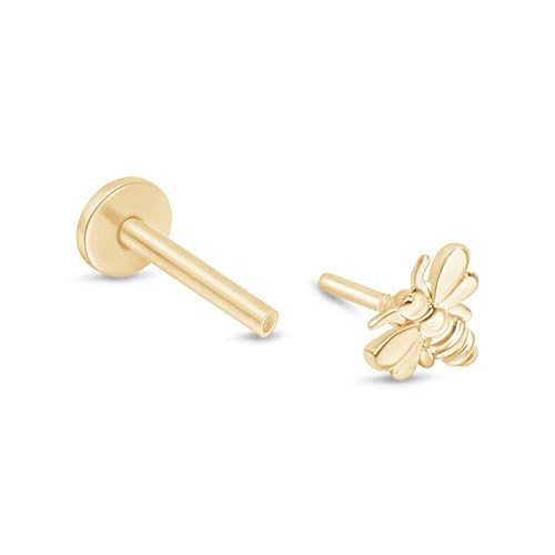 14K Solid Gold Cute Bumblebee Flat Back Stud Earring Internally Threaded Cartilage Earring for Helix, Tragus & Lobe Nose Ring Hypoallergenic Comfy Minimalist Stud Earring SINGLE or PAIR4