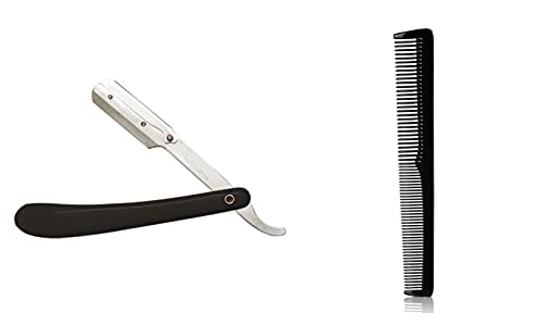 Image of The Cosmetic Town Stainless Steel Straight Edge Barber Folding Hair Salon Shaving Razor Ustra for Men (Pack of 1, Silver & Black) And Hair Com