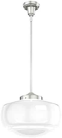 Hunter - Saddle Creek 1-light Brushed Nickel, Medium Size Pendant Light, Dimmable, Schoolhouse Style, Schoolhouse Shaped, for Bedrooms, Kitchens, Dining, Living Rooms - 19194