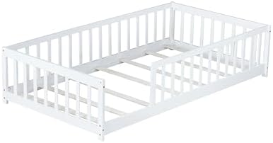 Bellemave Twin Size Floor Bed with slats for Kids, Girls, Boys, Wood Montessori Floor Bed with Guard Rails, Without Door, White