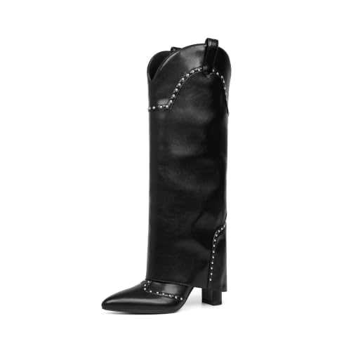 Image of Knee High Boots Women Fold Over Boots Chunky Heel Pointed Toe Tall Boots | Fashion Slouchy Boots,Side Zipper Shark Boots,Fall Spring Winter Fashion Dress Tall Boots,Evening Bridal office Long Boots