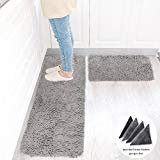 Wolala Home 2 pcs Sets Strong Absorbent Non-Slip Kitchen Rug and Carpet Super Soft Chenille Shaggy Latex Backing Solid Home Decorator Floor Mats (16''x24''+16''x47'' Gray)