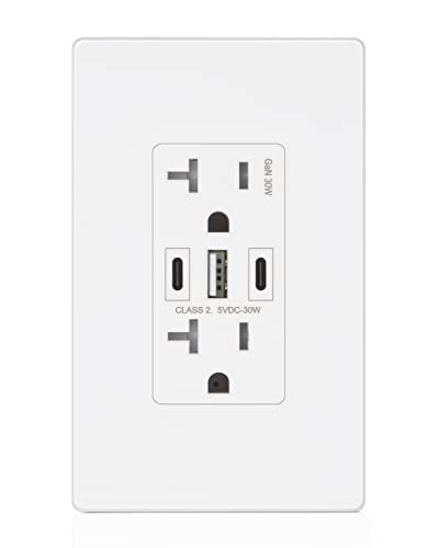 Amerisense GaN 30W 6Amp 3-Port USB Wall Outlet, 20 Amp Tamper-Resistant Receptacle with 2 USB Type C & 1 Type A Port, USB Charger for iPhone/iPad/Samsung/LG/HTC, UL Listed - 1 Pack