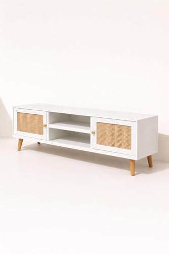 Image of TV Stand for 65 inch TV, Dark Chocolate (White Colour) | Premium Solid Wood, 10 Minutes Assembly (Legs Only), Aesthetic Rattan Doors, Mid Century Entertainment Center