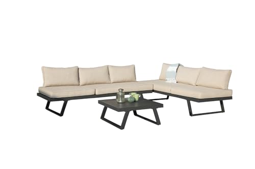 MOMMA HOME Conjunto Muebles de Jardín de Exterior, Rinconera Convertible Multifunción Aluminio, Muebles para terraza/Exterior, Set de Aluminio, Cojines Tejido | Valencia (Gris)