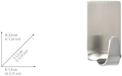 Diagram showing dimensions of the Wenko right angle hook: Height 3.4 cm (1.34 inch), Depth 1.5 cm (0.59 inch), Width 1.9 cm (0.75 inch).