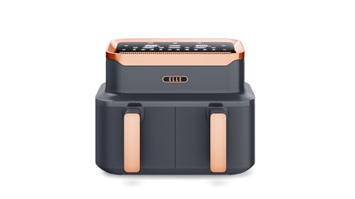 ELLE Dual Air Fryer Triple Air Fryer in Grey with Rose Gold, 10-in-1 Cooking Methods, Oil Free Cooking, Non-Stick & Dishwasher Safe, Smart & Match Cook (Dual Basket)