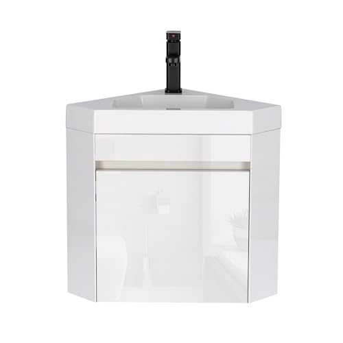 UEV Lave-Mains d'Angle Avec Robinet et Cabinet de Rangement, Lavabo Suspendu, Blanc, 56 x 30 x 68 cm