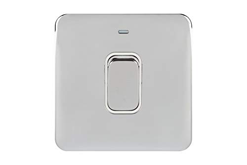 Image of Schneider Electric Lisse Screwless Deco - Single High Current Light Switch with Neon Indicator, Double Pole, 50A, GGBL4011WPC, Polished Polisished Chrome/White Insert
