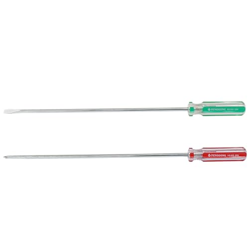 Image of 10 Inch Long #1 Phillips & 5mm Slotted Screwdriver 2-Piece Set, Magnetic Tip Flat Blade Cross-head Screwdrivers (Red, Green)