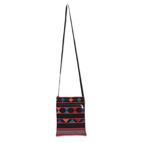 NOVICA Artisan Handmade Cotton Sling Bag Geometric Black Multicolor from India Handbags Slings Shoulder Stripedpatterned Woven ' Geometric Glory'