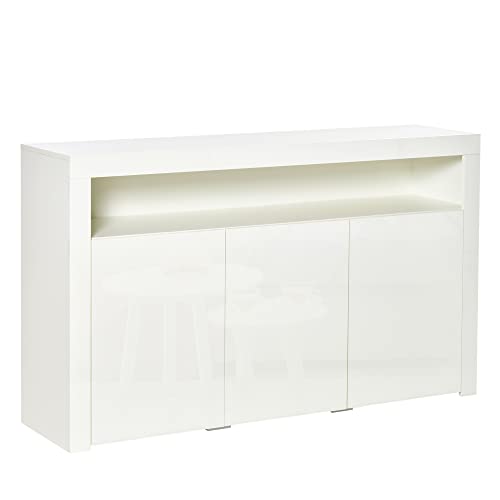 HOMCOM Buffet LED - Meuble de Rangement LED - 3 placards avec étagère et Grande Niche en Bois laqué Blanc