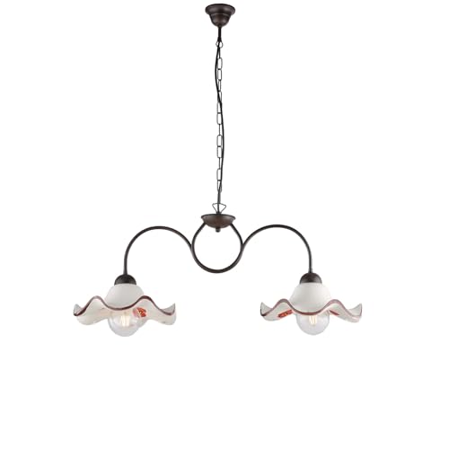 Lustre rustique Anémone en fer forgé patiné et céramique d.30