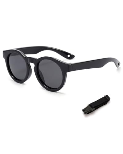 CULEB Gafas de Sol para Bebé Niños, con Montura de Silicona Ajustable y Negro Gafas-Cordón,Protección UV400,Gafas de Sol Polarizadas de 0 a 3 Años,para Niños y Niñas (Negro)