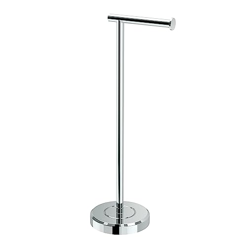 Image of Gatco 1437C Latitude II Freestanding Toilet Paper Holder, Chrome Bathroom Tissue Roll Stand with Modern Floor Standing Design