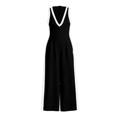 Mono de pierna ancha sin mangas para mujer con cuello en V elegante estilo bloque de color 4