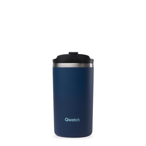 QWETCH - Travel Mug Isotherme - Bleu Marine 350ml - Thermo Café &amp; Thé en Inox - 6h Chaud et 12h Froid - Étanche, Mug de voyage